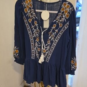 Private Label Blue and Gold Embellished Peplum Blouse